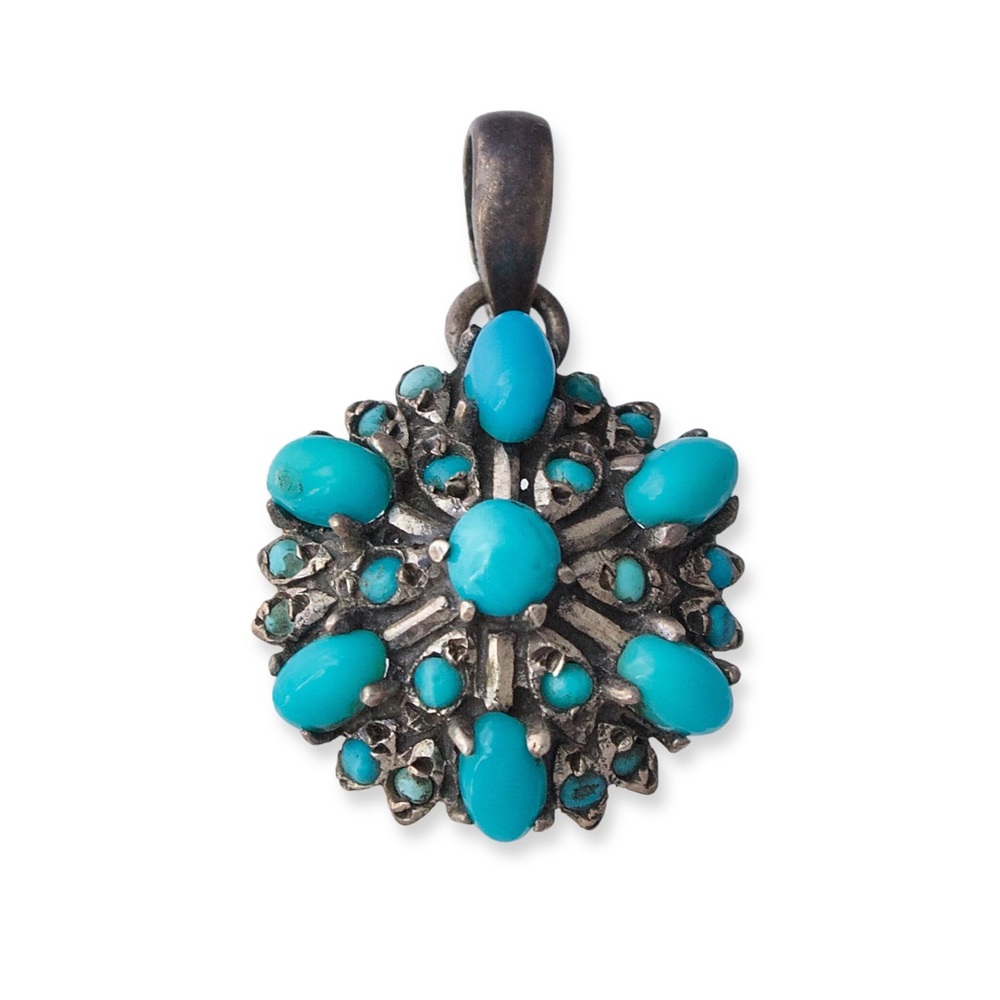 Vintage Turquoise Cluster Sterling Silver Necklace Pendant Petit Point